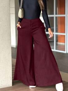 Fashionable Solid Color Casual Loose Wide-Leg Pants For Women, Elegant And Minimalist - 酒紅色 - 查看 9