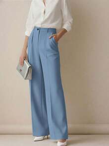 Women's High Waist Pleated Loose Fit Trousers, Suitable For Work And Casual Wear, Spring/Summer - 藍色 - 查看 3