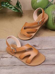 Simple Slip-On Buckle Solid Color Children's Flat Sandals, New Summer Style, Hot Selling Baby Beach Shoes, 3-14 Years Old, Everyday Wear, Outdoor Fashion, Vacation Style, Comfortable Children's Sandals, Water Play Shoes.