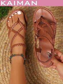 1双女士新款时尚平底凉鞋，沙滩编织PU皮平底凉鞋，夏季波西米亚风 - 棕色 - 查看 2