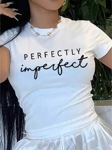 Women Casual T-Shirt Lightweight Top With Perfectly Imperfect Motivational Message Everyday Essential For Spring Summer Machine Washable Everyday Blouse Summer Outfit Minimalist Design Comfortable Fit Short Sleeve Shirt Fashion Lovers Spring Fashion Geometric Print Soft Texture Printed Shirt Spring Wardrobe - White - View 1
