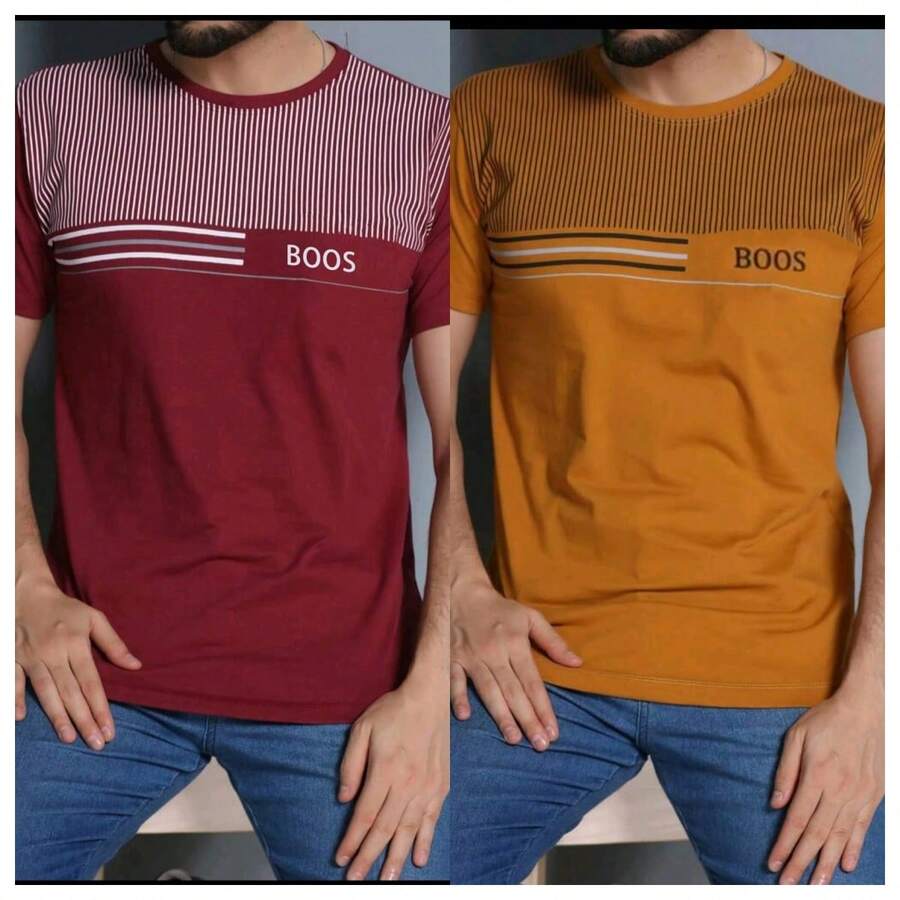 Kit Of 2 Men's Crew Neck Cotton T-Shirts BS - 1Vinho 1Mostarda - 查看 1