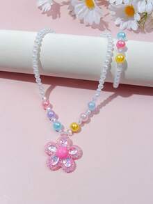 Bộ 2 chiếc/Bộ trang sức mặt dây chuyền hoa dễ thương cho bé gái & vòng tay hạt cườm, nhiều màu, màu ngẫu nhiên, thích hợp làm quà tặng tiệc tùng ngày lễ cho bé gái - Nhiều màu - Xem 9