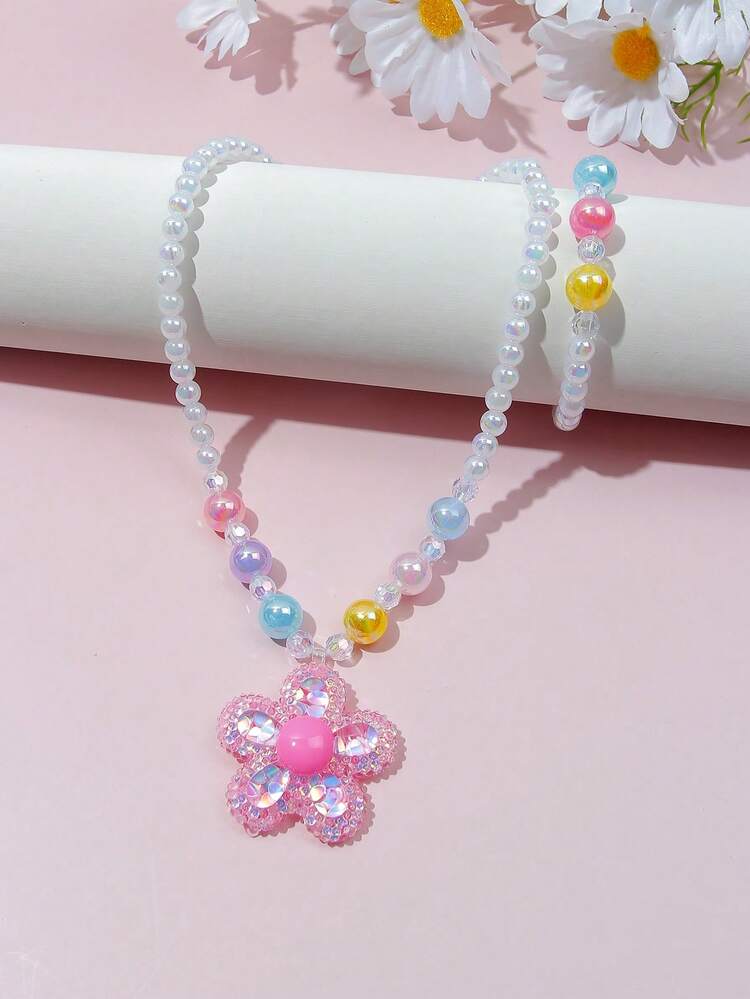 2pcs/Set Girls Cute Flower Pendant Necklace & Beaded Bracelet Jewelry Set, Multicolor, Random Color, Suitable For Girls Holiday Party Gift
