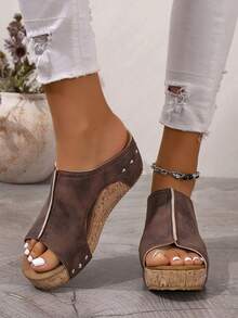 1 par de sandalias de plataforma y cuña con efecto de madera envejecida, estilo vintage para mujer, con decoración de remaches y diseño de punta abierta, para el verano - Café integral - Ver 4
