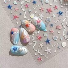 2 Sheet 5D Embossed Nail Art Stickers Se--Adhesive Nail Stickers For Summer Nail Art With Starfish Shell Design Colorful Nail Decals Conch Nail Supplies For Women Manicure Decorations - 樣式1 - 查看 5