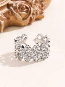 2pcs/Set Women's Luxury Cubic Zirconia Heart-Shaped Jewelry Set, Open Bangle Bracelet & Ring Accessories For Daily Wear - Multicolor - View 6