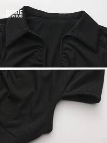 ROSIE POPHUB Women's Black Front Zipper Collar Fitted Sexy Casual Street T-Shirt, Spring/Summer New Arrival - Black - View 5