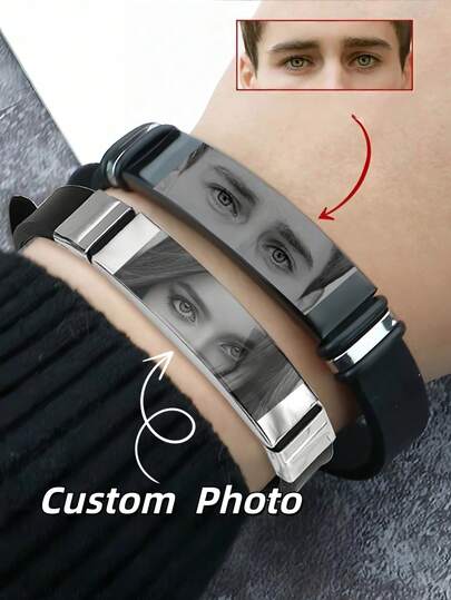 1pc Customized Photo Bracelet, Personalized Stainless Steel Curved Tag Bracelet, Outdoor Sports Men's Bracelet, Custom Eye Photo Bracelet, Customized Silicone Stainless Steel Bracelet, Unisex Customized Valentine's Eye Bracelet