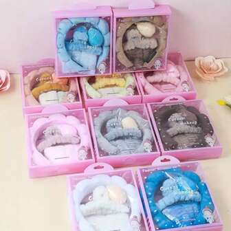 Set de 5 piezas de diadema y muñequera de esponja para spa para mujeres con pinzas de pelo esponjosas - Elegante set de accesorios para el cabello, diseño rosa suave, adecuado para fiestas y uso diario