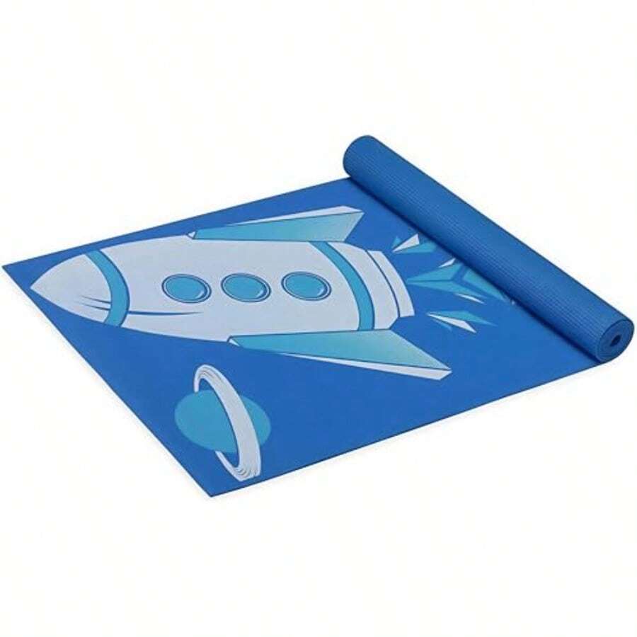 - Tapete de yoga para niños para yoga con impresiones divertidas tiempo de juego para bebés niños pequeños activos y tranquilos 60 pulgadas de largo x 24 pulgadas de ancho x 3 mm de grosor - Cohete azul - Ver 1
