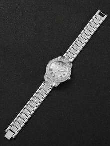 4PCS Round Silver Roman Quartz Watch With Cuban Bracelet Necklace Ring, Birthday Gift, Daily Versatile - Silver - View 3