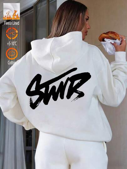 Dameshoodie van katoen met print, geschikt voor de herfst/winter. Warme voering, capuchon met trekkoord, relaxte pasvorm, casual en veelzijdig, ideaal voor koud weer.