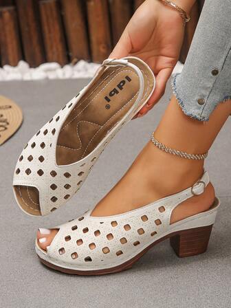 Sandalias de tacón alto para mujer, sandalias casuales cómodas de tacón grueso con hebilla de correa de tobillo, unicolor y diseño calado, para uso diario y fiestas
