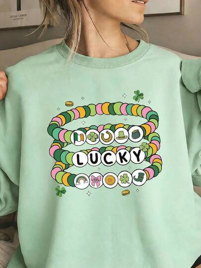女士幸运符串珠“LUCKY”印花卫衣，采用清新甜美的风格和独特的设计，舒适宽松的版型，非常适合日常穿着、圣帕特里克节以及圣帕特里克节友谊手链。