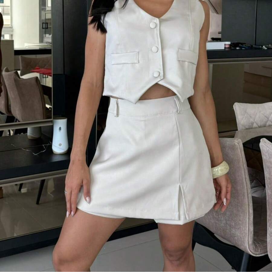 Short Saia Feminina Social Cintura Alta PROMOÇÃO P ao GG - Bege - Visão 1
