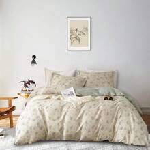 Boho Floral Duvet Cover Full Size Cotton Aesthetic Bedding Sets Garden Beige Comforter Chic Botanical Reversible Green With Zipper Variant 6 - A# 波西米亞風花卉米色 - 查看 2
