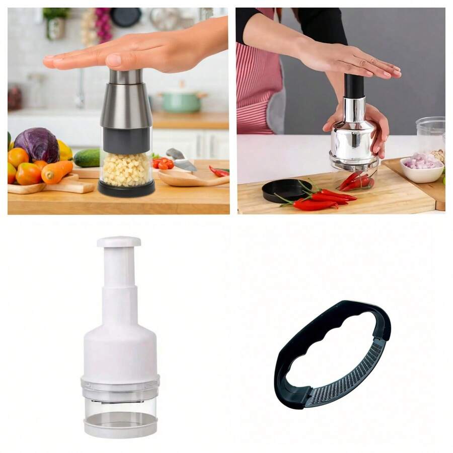 Stainless Steel Garlic Press And Food Chopper - Handheld Manual Kitchen Tool For Garlic, Vegetables, Onions, Nuts, Durable And Easy To Use, Fresh Ingredients, Mini Grinder, Kitchen Tool, Vegetable Slicer, Stainless Steel Construction, Suitable For RV Kitchen
