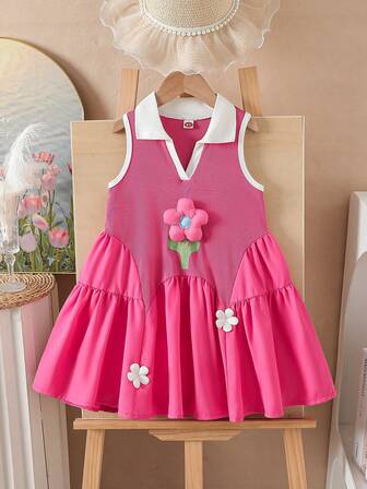 Moderiktig, avslappnad, söt, 3D-blommig krage-lappklänning för unga flickor