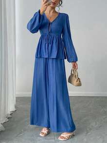 2pcs Women's Casual Elegant Commute Daily Solid V-Neck Tie Front Lantern Sleeve Top And Wide Leg Pants Set, Spring/Summer - Blue - View 1