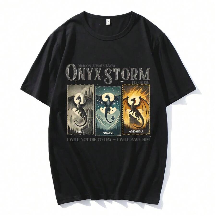 Camiseta de algodón Onyx Storm Violeta Sorrengail Cuarta Ala Camiseta Onyx Storm Dragones Lo salvaré Ropa Unisex Verano Y2K - Negro - Ver 1