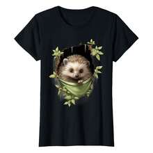 Hedgehog Nature Portrait Motif Animal Art Forest Wildlife T-Shirtbody's Natural Curves Without Clinging, Offering A Balanced Mix Of Comfort And A Polished, Slimming Silhouette For Everyday Wear. - Black - View 1