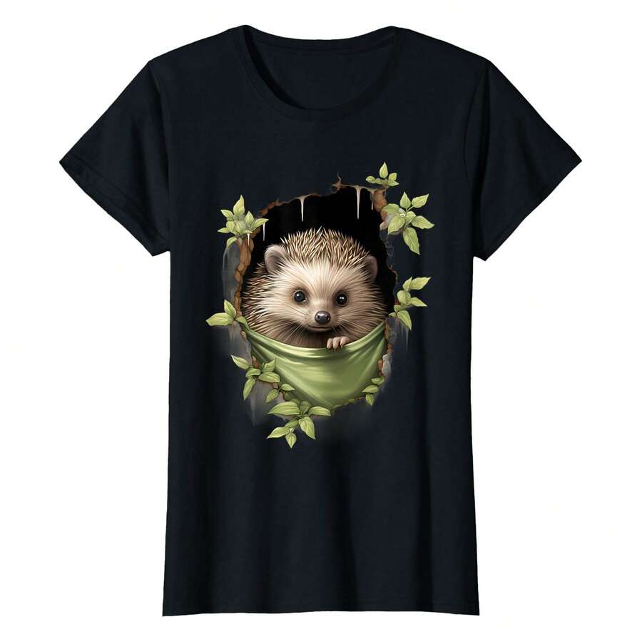 Hedgehog Nature Portrait Motif Animal Art Forest Wildlife T-Shirtbody's Natural Curves Without Clinging, Offering A Balanced Mix Of Comfort And A Polished, Slimming Silhouette For Everyday Wear. - Black - View 1