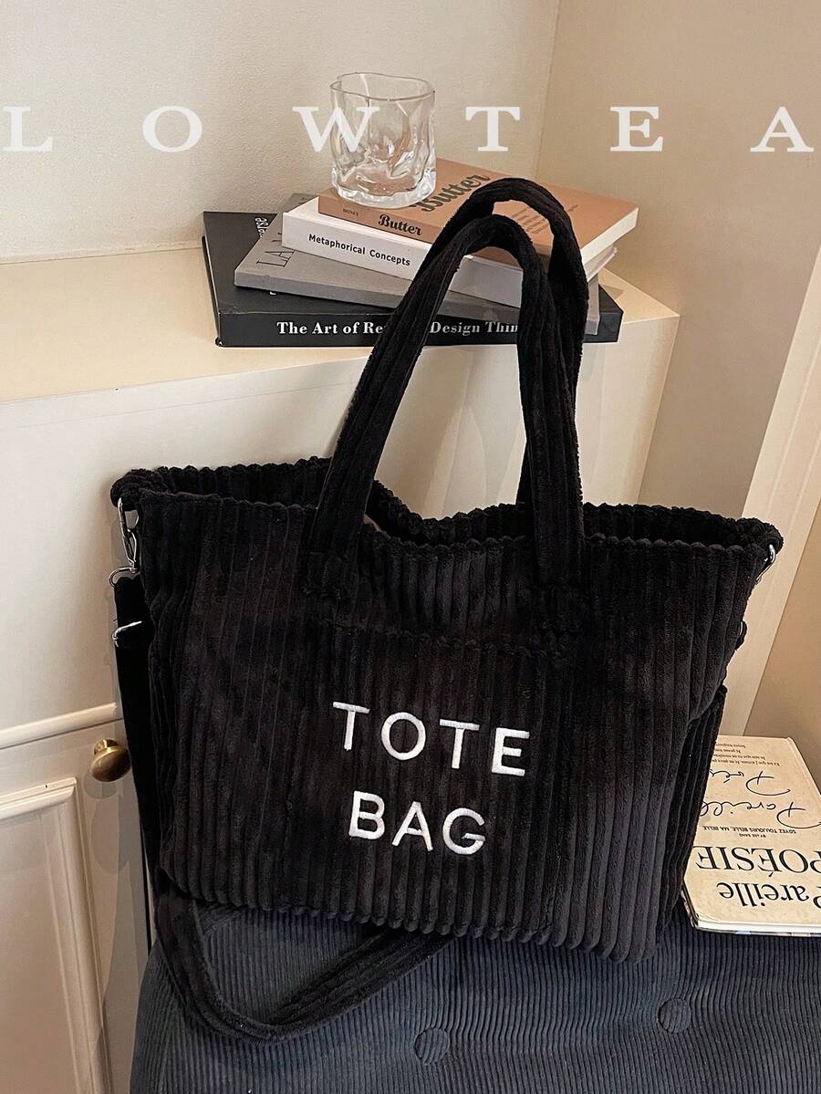 low tea Túi xách thời trang màu trơn bằng vải nhung kẻ, khóa kéo, thêu chữ, phù hợp cho nữ sử dụng hàng ngày - Túi xách nữ, túi denim, túi đeo vai, túi đeo chéo hoặc túi tote, phù hợp cho trường học, văn phòng, du lịch.