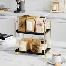 FSyueyun 2-Tier Bathroom Countertop Organizer Tool-Less Installation Premium Plastics Makeup Shelf Organizer Perfume Skincare For Dresser Vanity Tray Organizers And Storage Gold And Black - 金黑 - 查看 6