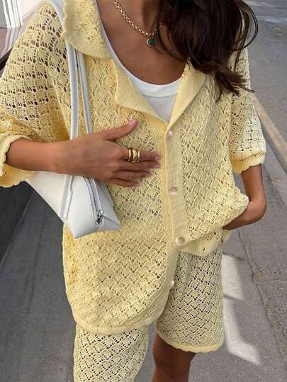 2pcs/Set Fashionable Casual Vacation Chiffon Shirt & Elastic Waist Straight Shorts, Yellow Hollow Button-Up Lightweight Cover Up Paired With Beach Shorts, Suitable For Daily Dates, Beach Parties, Street Style, Outings