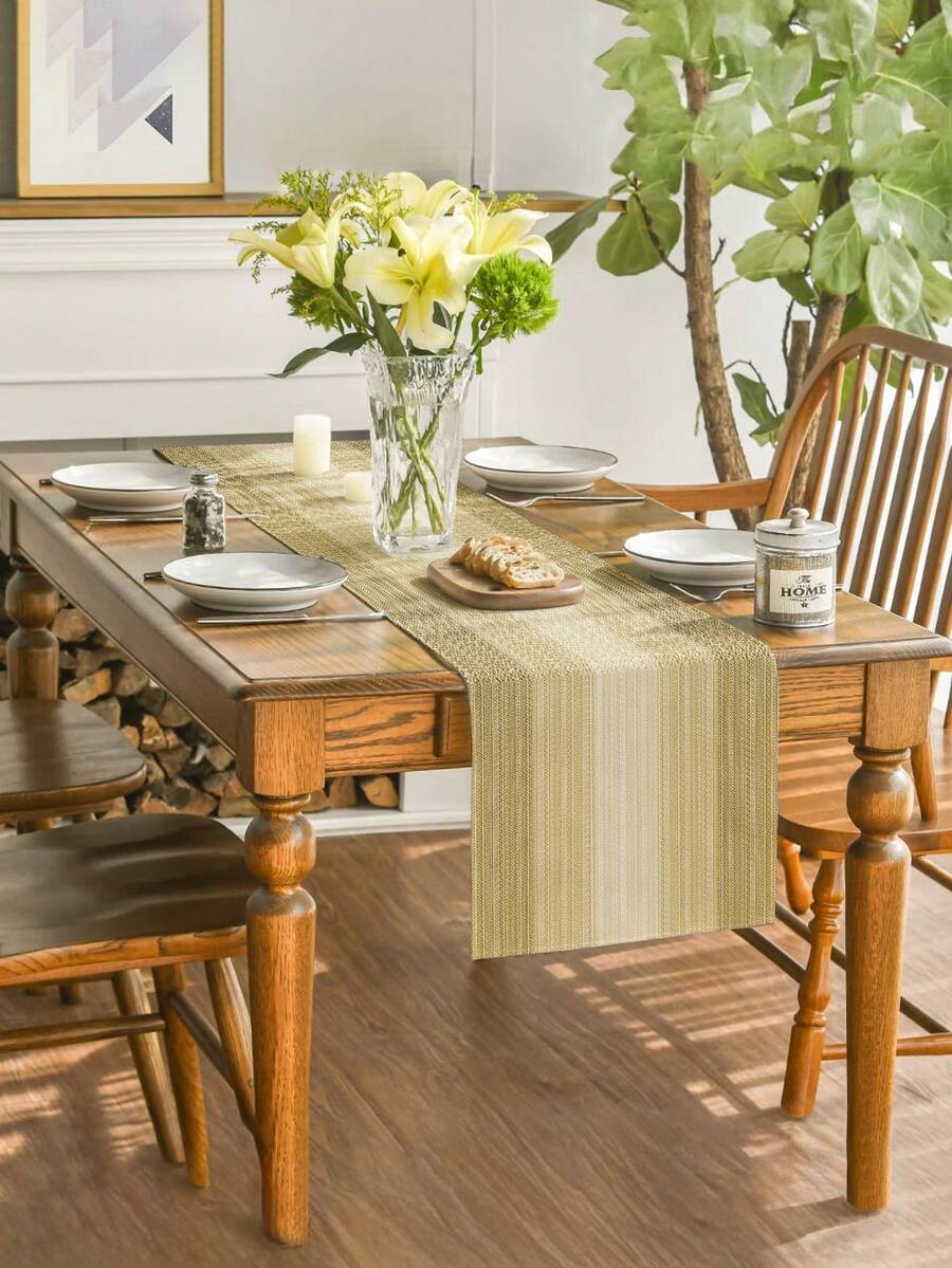 1pc Linen Look Table Runner, Solid Color Modern Linen-Like Table Mat, Washable For Kitchen, Dining Table, Party, Wedding Decor, Foyer, Home Gathering, Coffee Table - Khaki - View 1