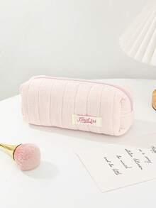 Pink Striped Quilted Makeup Bag Portable Storage Bag With Zipper Handheld Bag Travel Washbag Large Opening Zipper Design Makeup Bag - Pink - View 13
