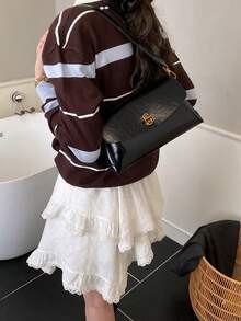 Women's Retro High-Quality Handbag With Flap Closure, Boxy Shape, Metal Hardware, Detachable Shoulder Strap, Casual Daily Use - Black - View 3