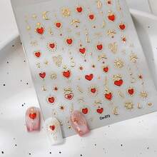 5D Embossed Nail Art Stickers Red Heart Nail Decals Gold Star Nail Stickers For Nail Art With Sun Moon Design Se--Adhesive Acrylic Nail Supplies For Women Manicure Decorations - 風格12 - 查看 4