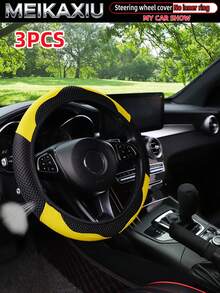 MEIKAXIU 3pcs/Set Mesh & PU Leather Patchwork Steering Wheel Cover, Handbrake Cover, Gear Shift Knob Cover Fit For 14.5-15 Inch Cars Decoration Accessories - Mesh Leather Sport - View 16