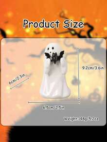 Halloween Ghost Figurine With Pink Pumpkin & Black Bat - Cute Resin Statue For Shelf, Desk, Porch, Home & Garden Decor - màu đen - Xem 4