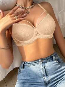 Soutien-gorge en dentelle sexy pour fille pêche, convenant aux femmes - rehaussant la poitrine, confortable et respirant, avec des détails de dentelle charmants, polyvalent pour un port quotidien - Beige - Voir 4