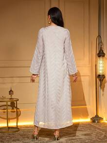 优雅长袖心形领口阿巴雅长袍，饰以亮片刺绣和珍珠点缀，梭织面料，无弹力 - 杏色 - 查看 2