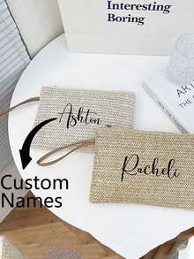 1pc Customizable Minimalist Style Straw Woven Bag, Fashion Beach Tote Bag, Casual Clutch Handbag, Women Straw Wrist Bag, Woven One Shoulder Mini Wallet, Retro Straw Handbag, Bohemian Style Summer Beach Bag - Multicolor - View 7