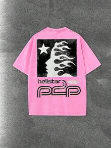 Worn-Out Washed Men's Short-Sleeved Shirt, Featuring A Pink Meteor Flame Human Face Silhouette Pattern In Letters On A Double-Sided Print, Retro Casual Loose Men's T-Shirt, Comfortable And Versatile Men's Clothing - 玫紅色 - 查看 3