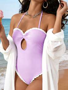 Women's Halter Neck Monokini Swimsuits Fashionable Dot Print Sleeveless Ruffle Bathing Suit - 紫羅蘭 - 查看 6