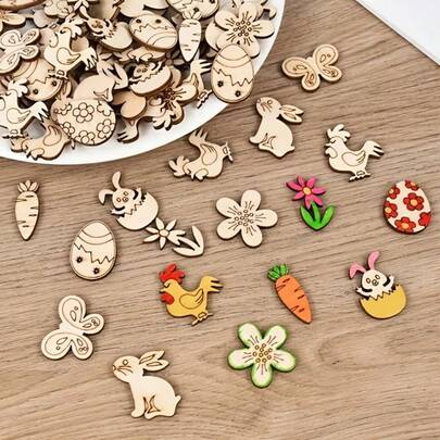 50个未上漆的木制复活节彩蛋装饰品 | 兔子、彩蛋、花朵、胡萝卜、小鸡图案 - 木制工艺品，适合用作复活节篮子填充物、桌面装饰和派对装饰