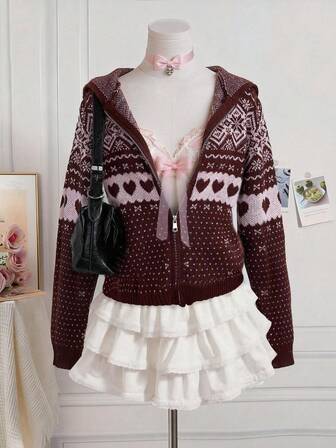 Cárdigan con capucha de jacquard vintage y adorable para mujer, adecuado para atuendos de otoño, temporada de regreso a la escuela y salidas nocturnas