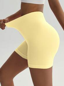 女士无缝弹力提拉塑形瑜伽健身跑步短裤，春夏款 - 黃色 - 查看 9