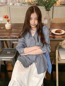 春夏黑色复古蕾丝格纹V领女式衬衫，荷叶边设计，休闲长袖修身衬衫 - 黑色 - 查看 5