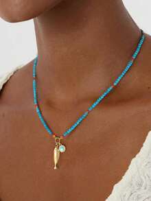 波西米亚风鱼形吊坠项链，珐琅邪眼吊坠，蓝色串珠颈链，金鱼项链，简约鱼形吊坠项链，女士首饰，圣诞礼物，女士项链 - 藍色串珠魚型琺瑯眼項鍊 - 查看 3