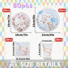 80件套可爱小熊性别揭晓主题一次性餐具套装，包含一次性餐盘、餐巾纸和纸杯，非常适合情人节、露营、露台烧烤、野餐、婚礼、派对和生日、休闲聚会、下午茶等场合，也适合派对装饰和生日装饰。 - 彩色 - 查看 11