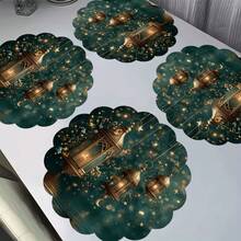 2/4/6/8pcs Round, Flower, Rectangular Ramadan Linen Placemats, 3pcs Copper-Tone Lantern, Star, Water Pattern Tabletop Decor, Arabic Festival Dining Table Decor, Tablecloth, Placemats, Coasters For Home Party, Kitchen - Multicolor - View 3