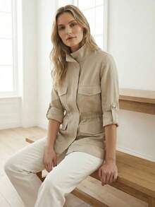 REF: AS1788 - Women's Turtleneck Coat. This Women's Turtleneck Coat Features A Snap Button Design, Two Front Pockets, Two Decorative Pockets, And An Adjustable Inner Belt. - 米色 - 查看 3