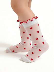 1 Pair Baby/Toddler Girls' Heart Pattern Mid-Calf Socks, Breathable Mesh Stockings, Heart Element, Versatile Daily All-Match Socks, Spring/Summer - Red and White - View 4